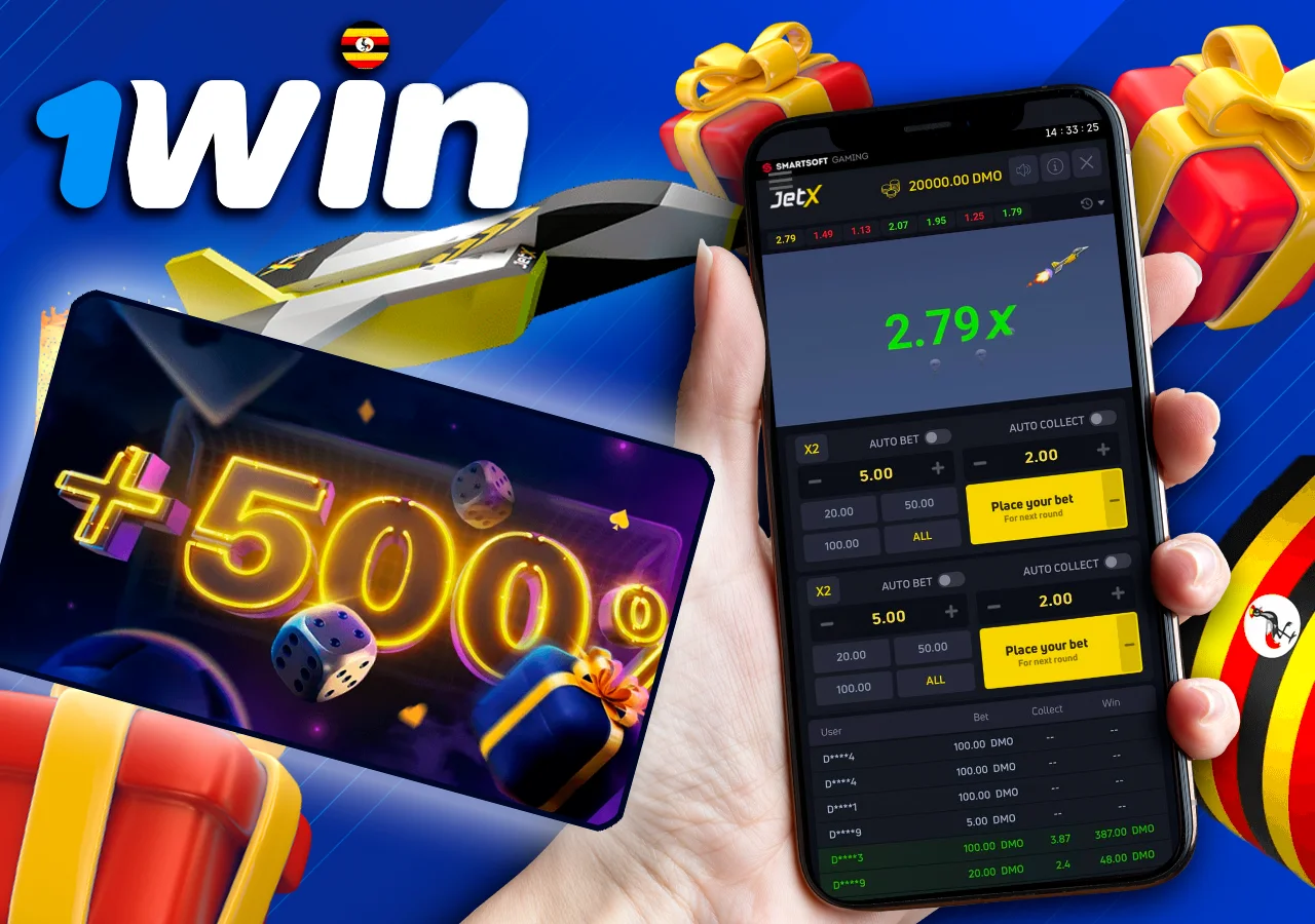 An individual is viewed holding a smartphone displaying the JetX game on the 1Win site, with an airplane and a banner advertising a 500% bonus in the background.