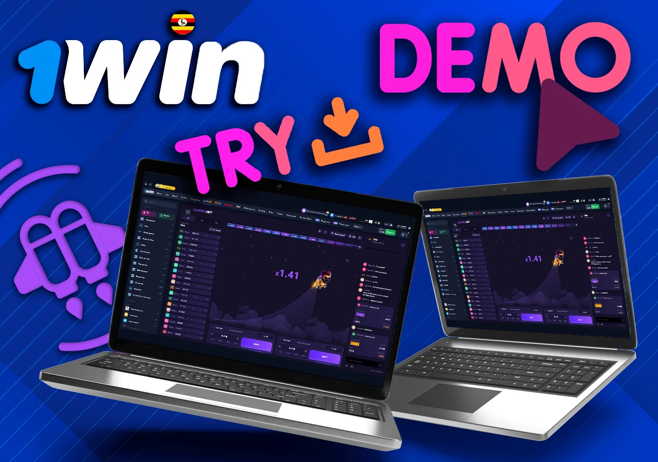 Two laptops showcase Lucky Jet rounds on 1Win, with a sign that reads 'try demo.'