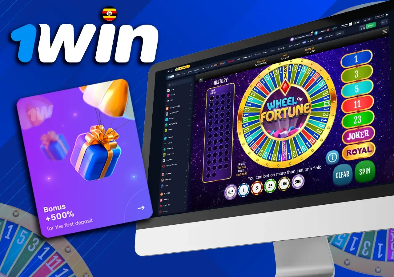 View the Wheel of Fortune game on your screen at 1Win, alongside the enticing bonus offer for newcomers.