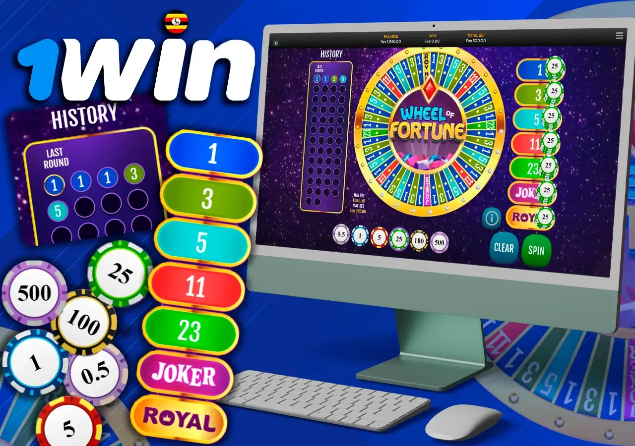 On the computer, you can see an example of a game round displayed next to the game’s essential components.