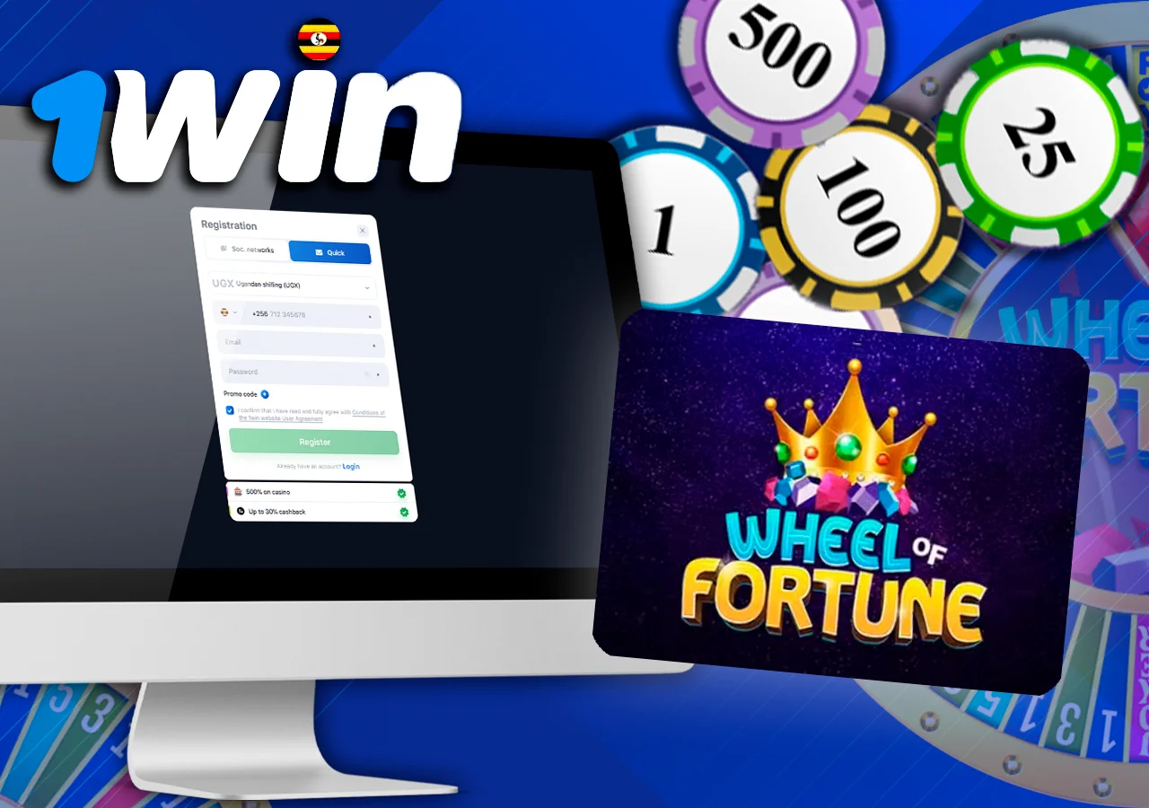 A monitor displays the registration form available on 1Win, adjacent to the Wheel of Fortune cover and chips.