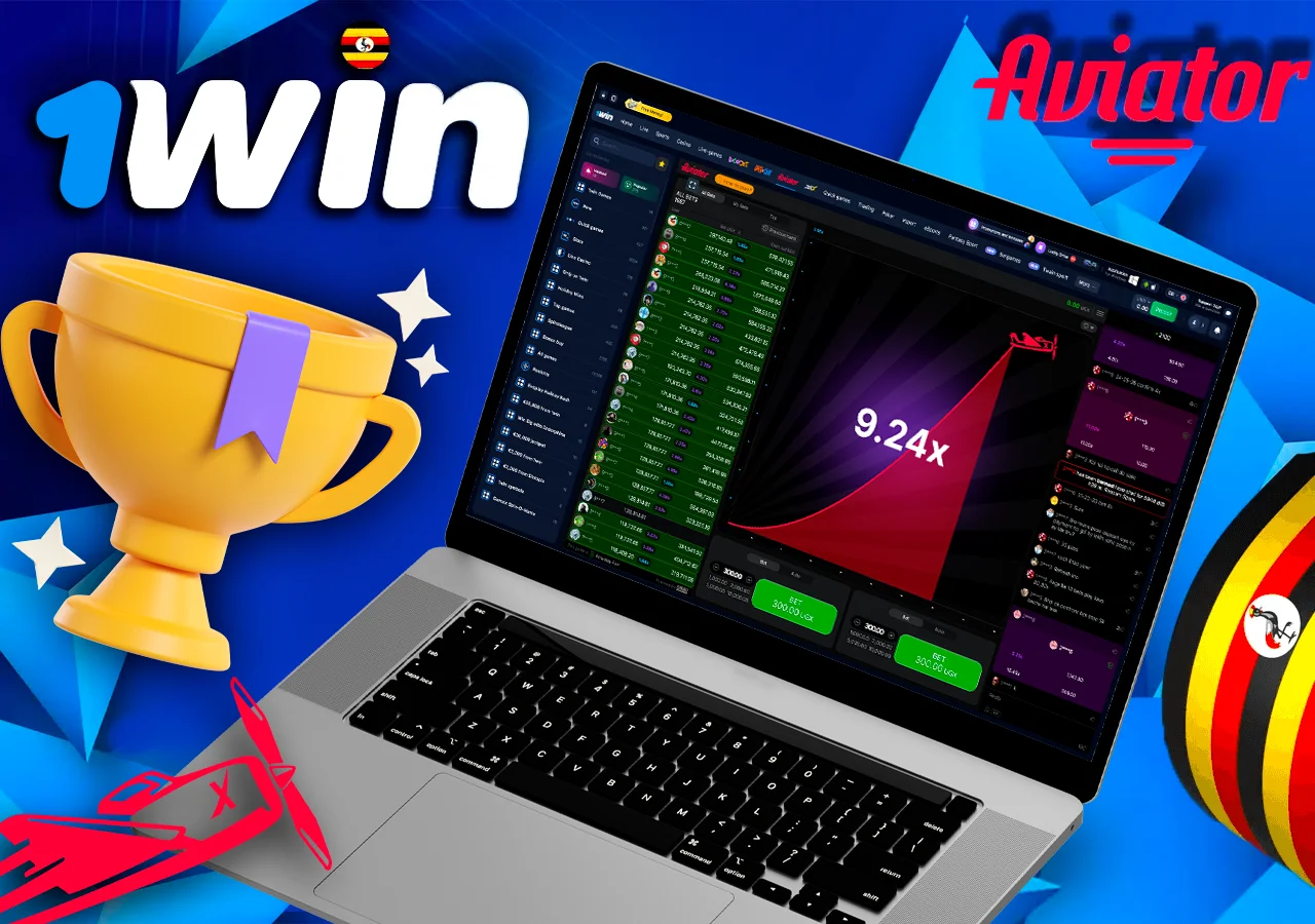 A laptop showcasing a successful round at Aviator on the 1Win website.